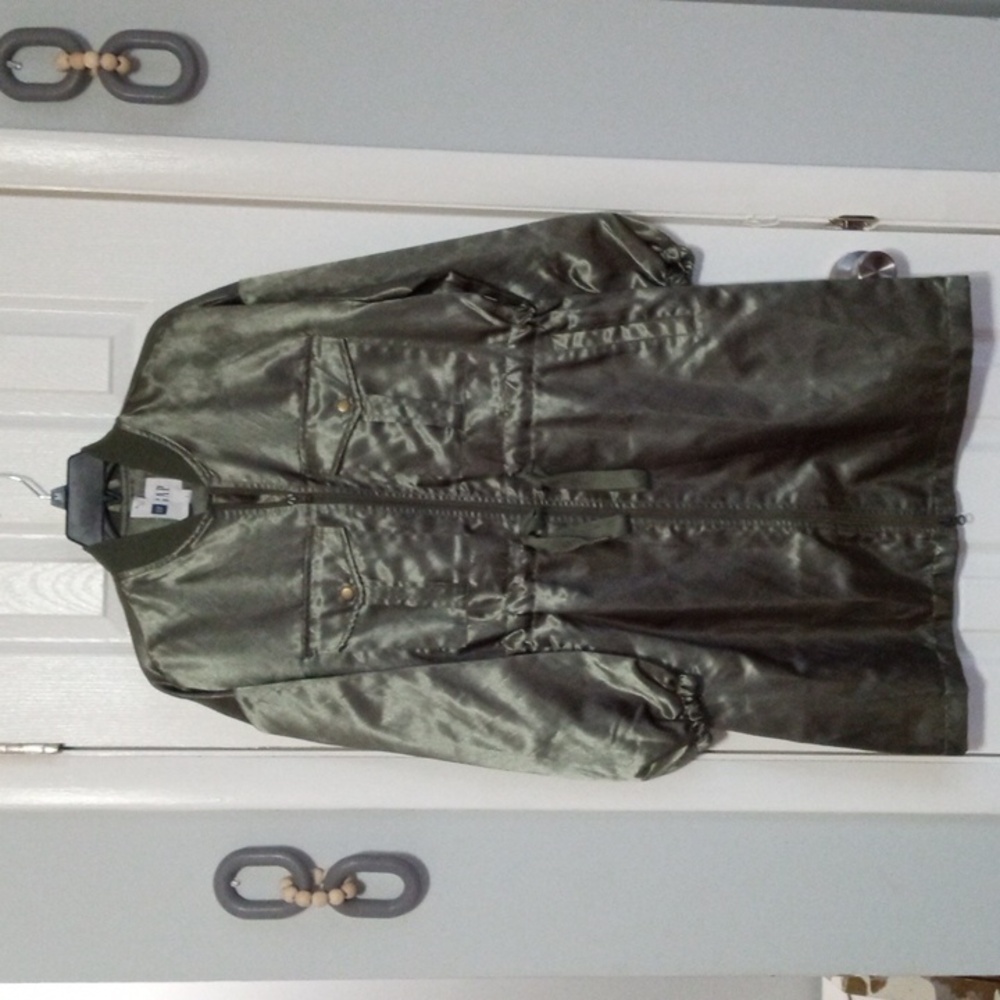 🚨B2G1 New GAP Hunter Green Long Trench Coat Rain Zip Jacket Drawstring Waist